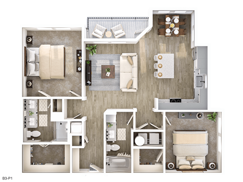 Floor plan for 2 beds, 2 baths, 1169 sqft